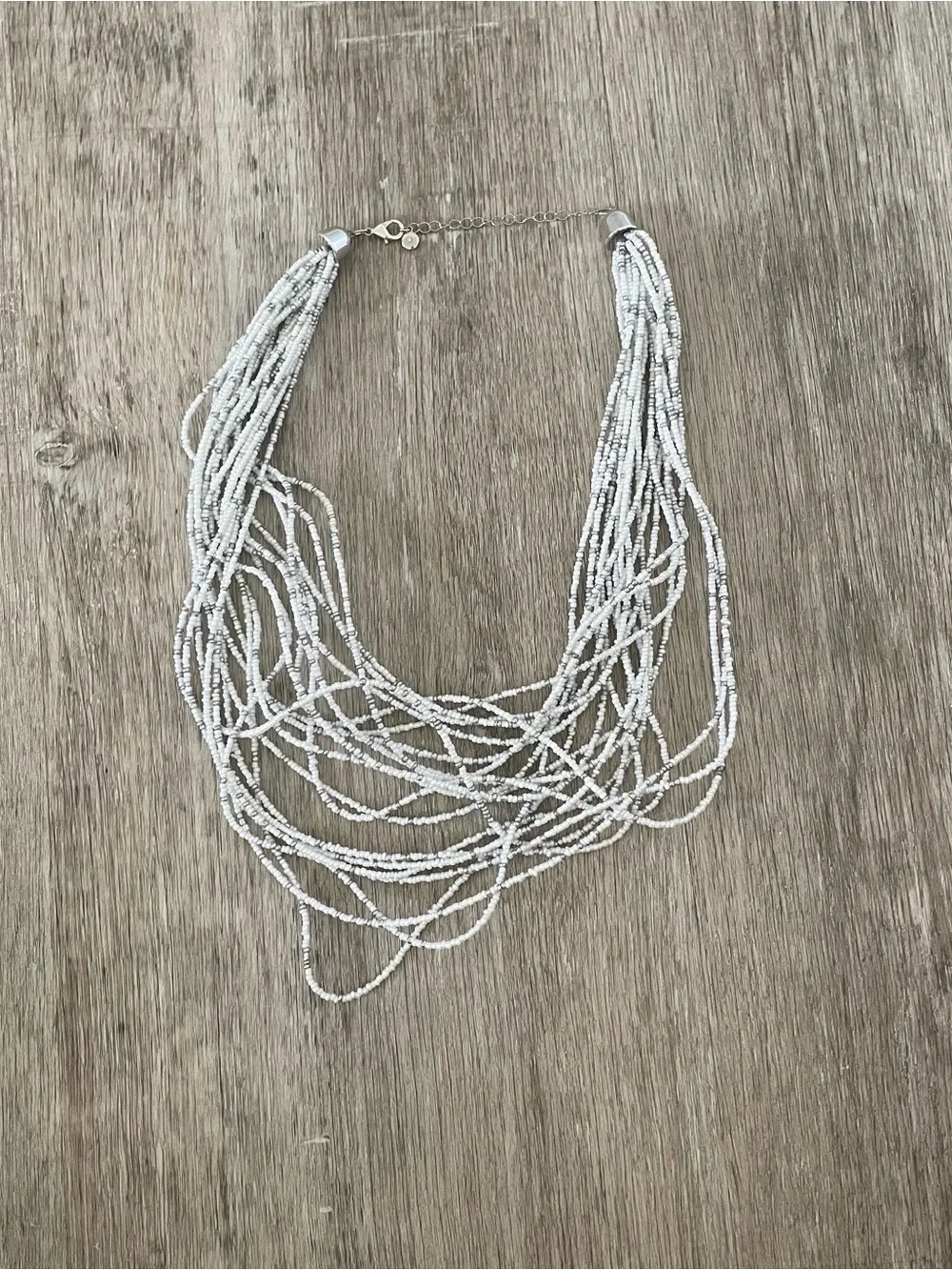 White & Silver Seed Bead Multi-Strand Statement Necklace – Layered Bib Style